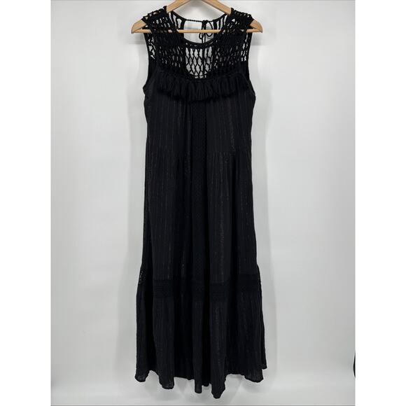 Anthropologie Maeve Abilene Maxi Dress Size M Black Crochet Tassel Cotton Lurex - Picture 2 of 11